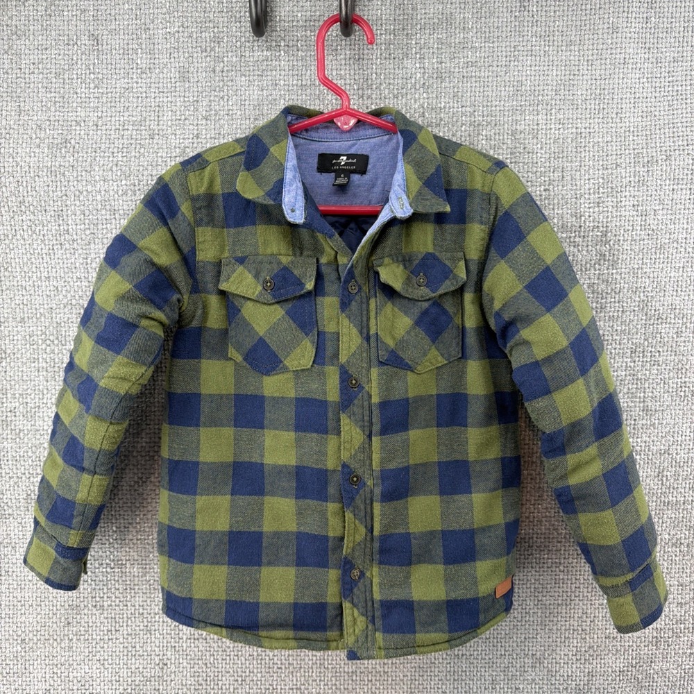 7 For All Mankind Flannel Insulated Shacket Kids Size 6 Blue Green Plaid Pocket